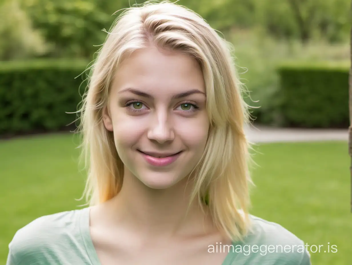 A headshot of an attractive 25 year old blond girl looking into the camera slightly smiling standing in a garden with green grass in the background