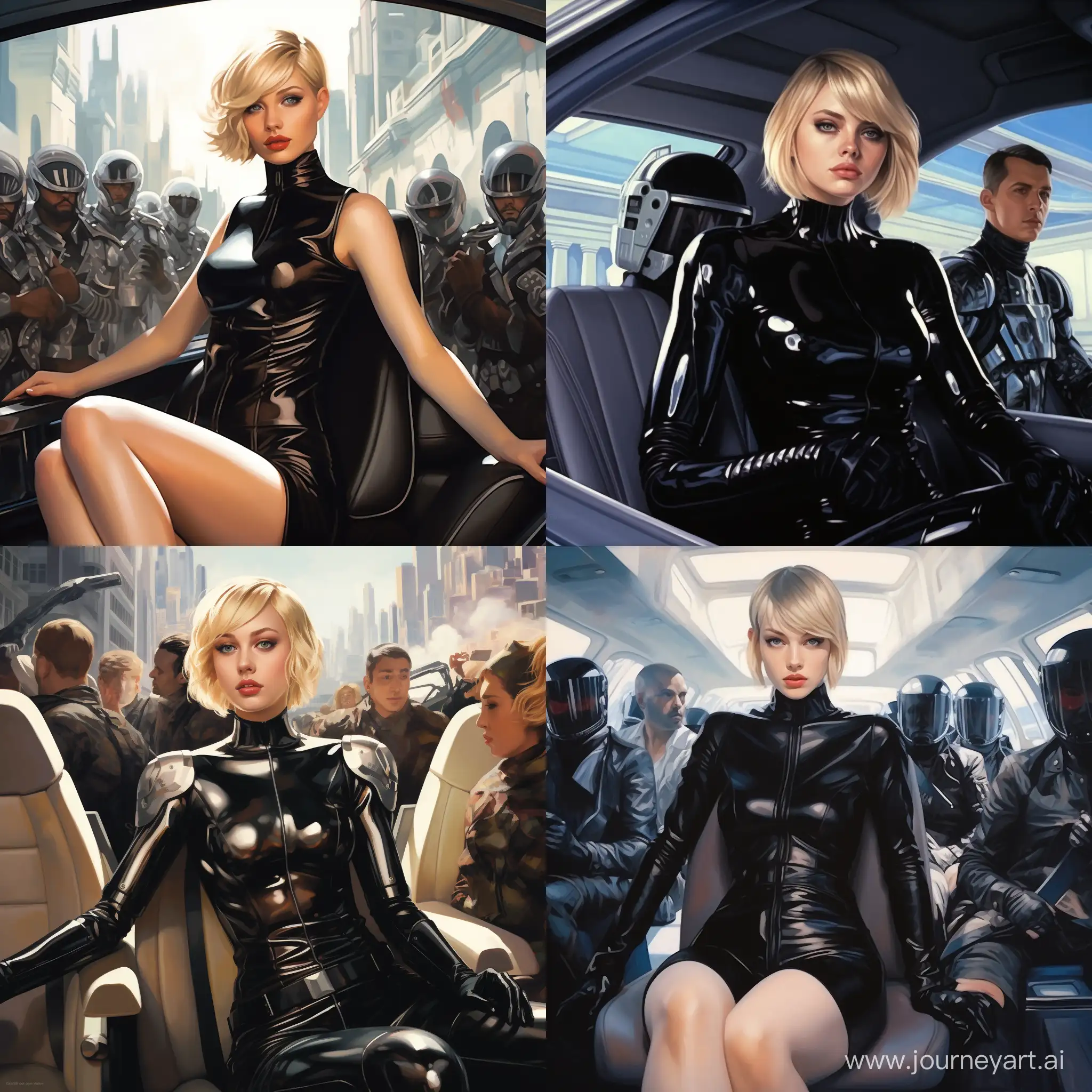 painting of young blonde woman with short hair in an epic black uniform in the back seat of a black government limousine accompanied by an escort of motorcyclists in white gloves on the street of a futuristic metropolis