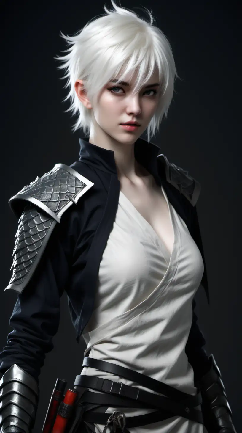 Fantasy HalfDragon Ronin with Pale Skin and Short White Hair