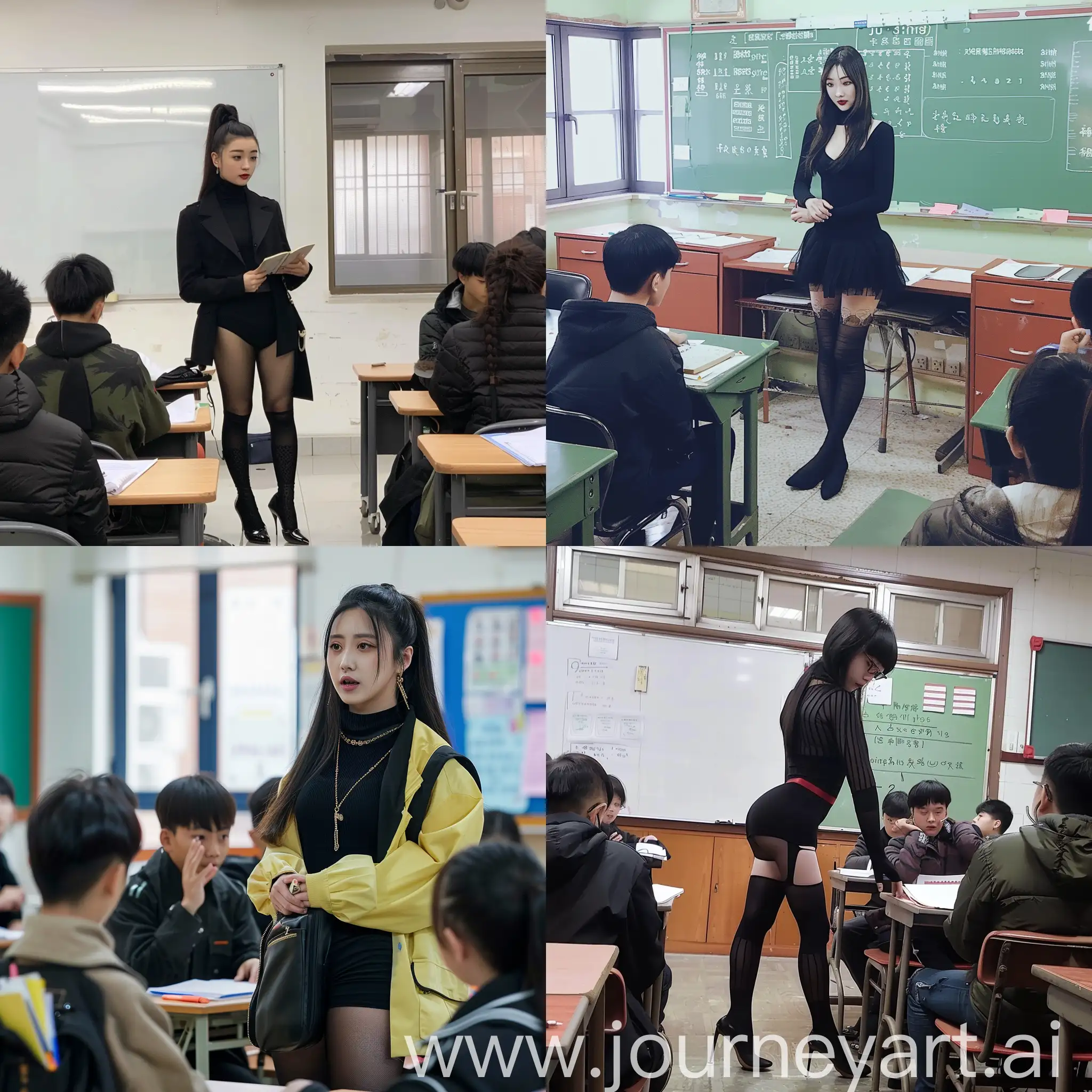 鞠婧祎穿黑丝职业装在教室里教学生