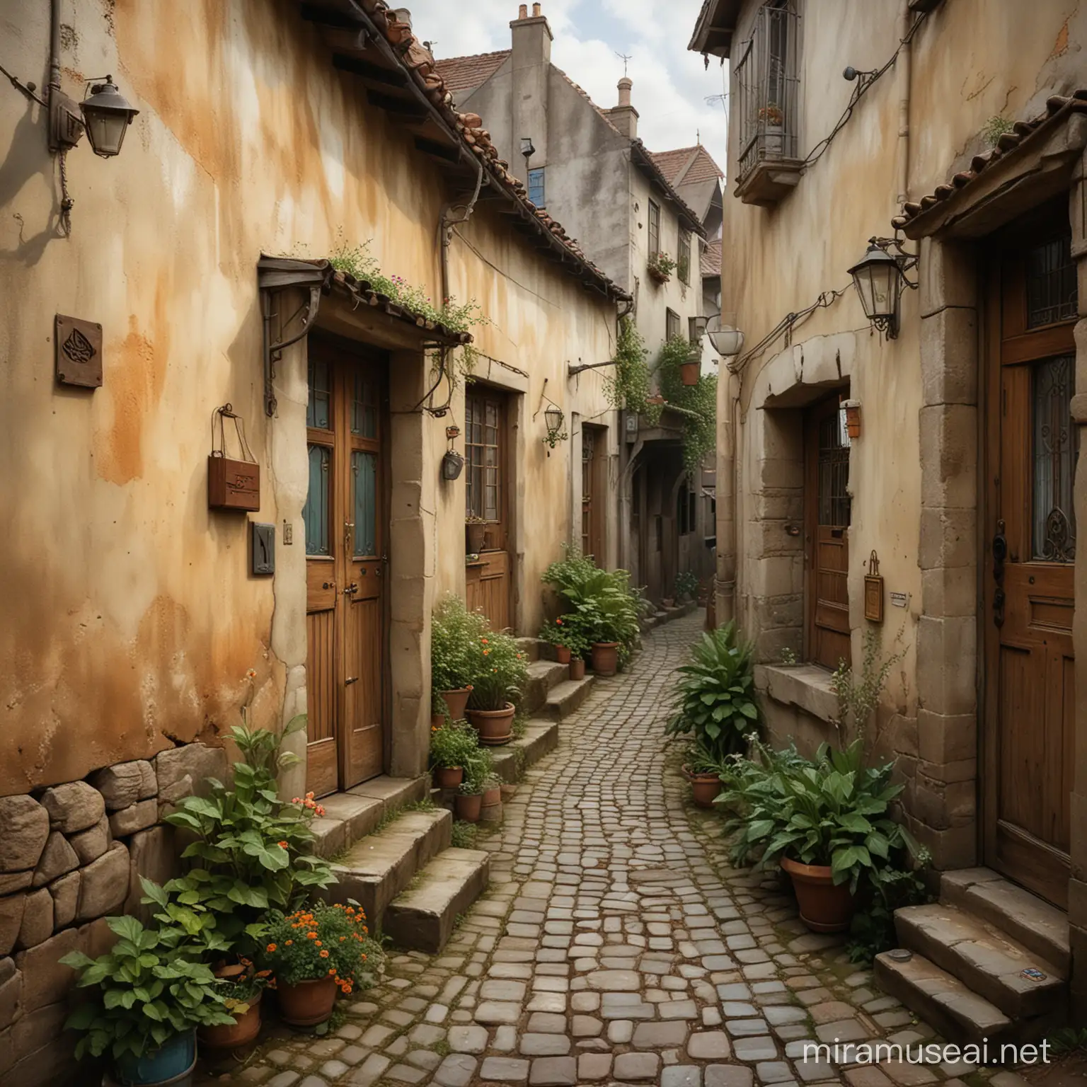 Enchanting Surreal Village with Quaint Cottage and Cobblestone Streets