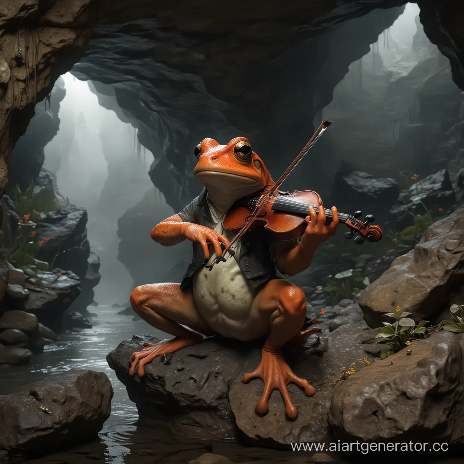 краснокожая лягушка бард со скрипкой в темной мрачной пещере