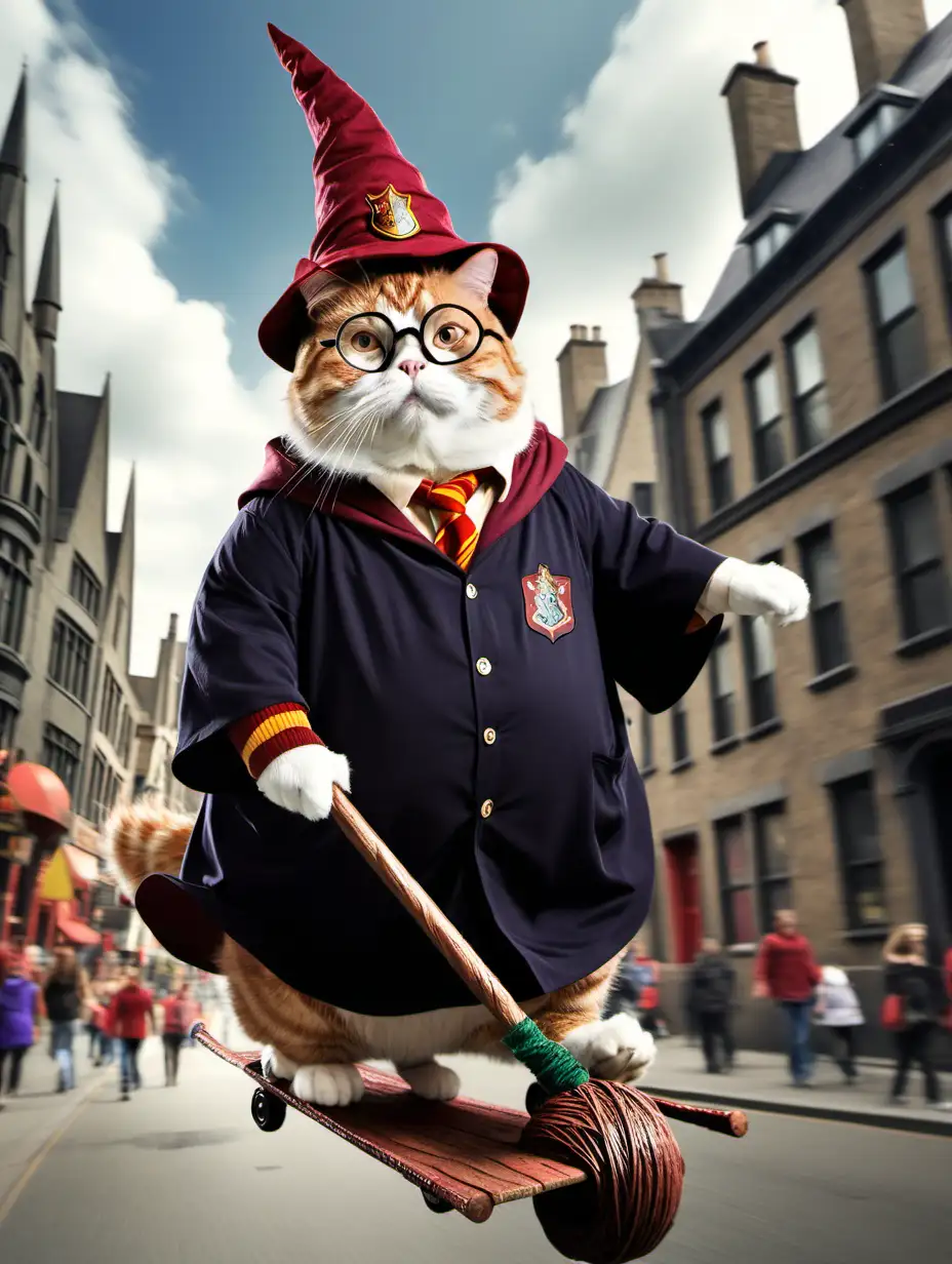 Fat Cat. Wearing a Harry Potter costume. Red Hat. glasses. ride a flying broomstick. passing through the center of the city. see clearly