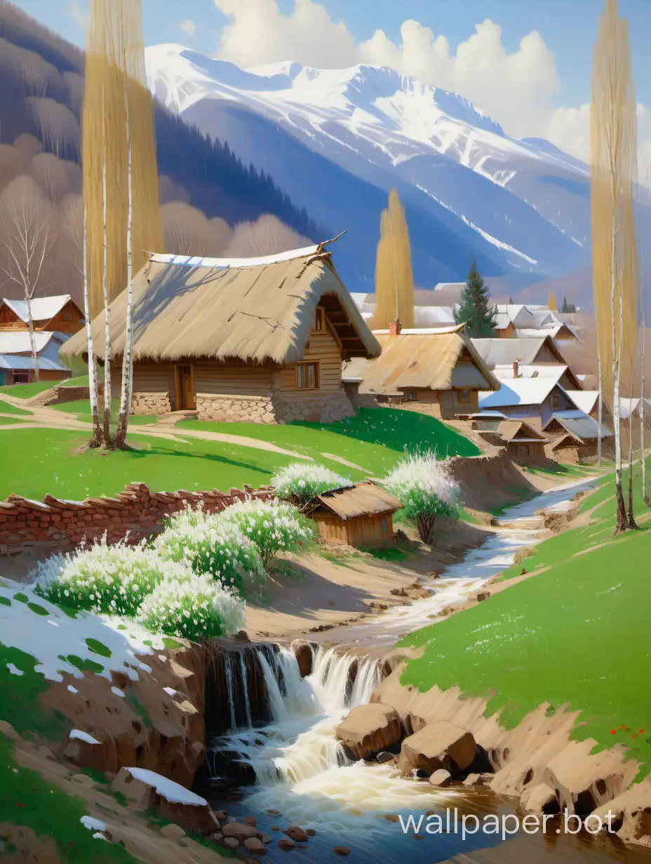Scenic-Thatched-Roof-Village-House-Oil-Painting-Capturing-the-Essence-of-Spring-Landscape