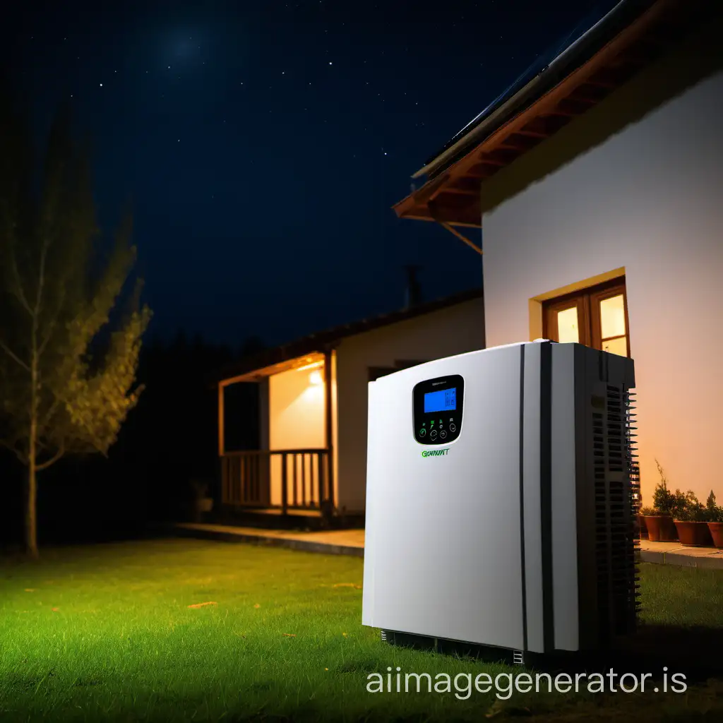 Picture of Inverter Growatt 5kVA and battery (LFP) with a backgroung of well lit house in the night off grid from the main grid