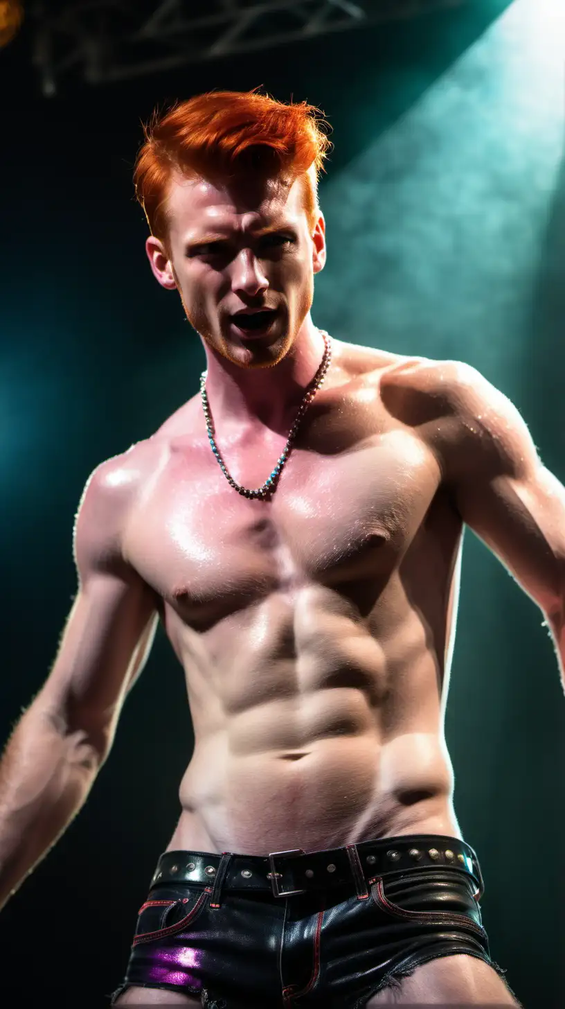 A handsome redhead male rockstar is shirtless on stage for an indoor gay pride event. His sweat dripping chest and abs under the spotlight are so sexy. He is dancing sensually

