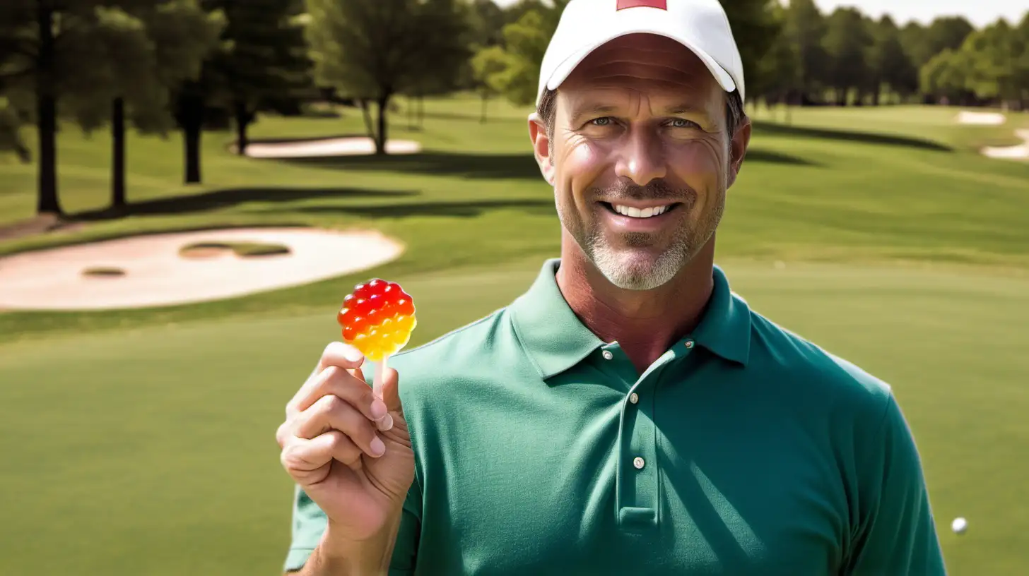 Handsome 40 year old American man on golf course. He offers a single jelly candy.