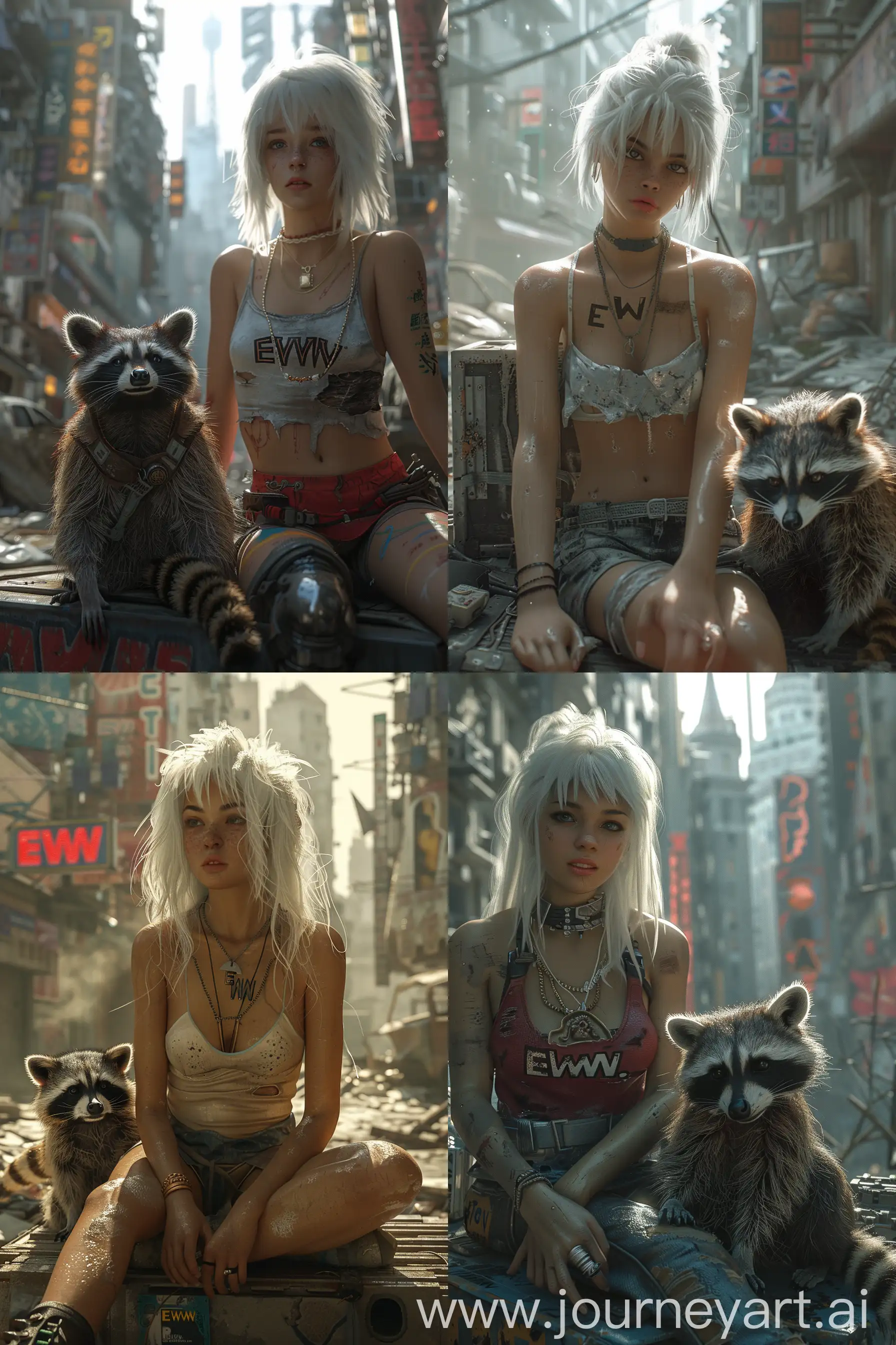PostApocalyptic-WhiteHaired-Girl-with-Raccoon-Companion-in-Urban-Ruins