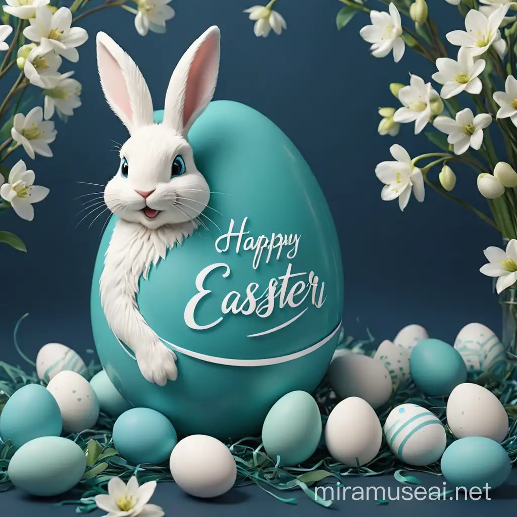 Happy Easter poster in shades of white, teal green and dark blue in software background