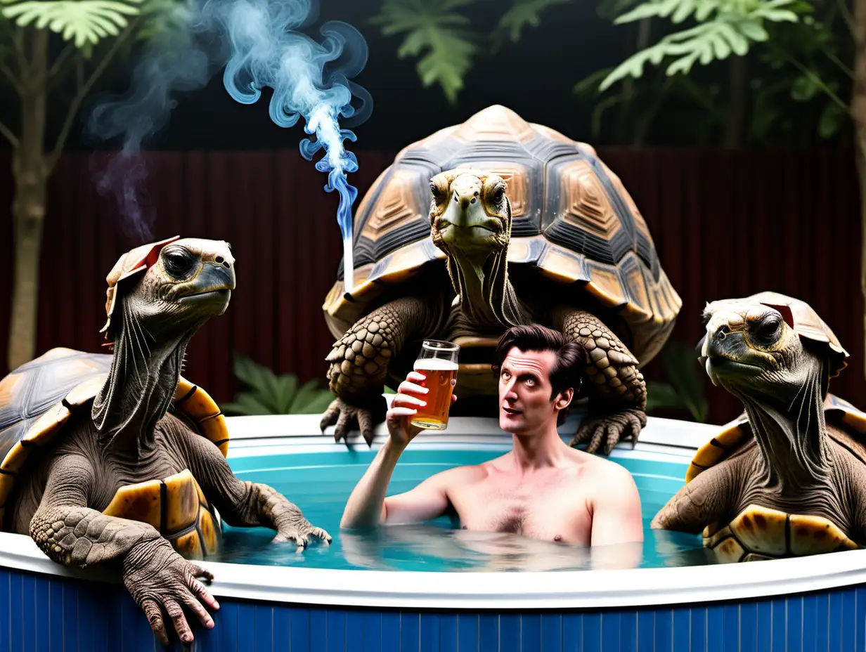 Doctor Who in a hot tub with giant tortoises drinking a beer and smoking a joint