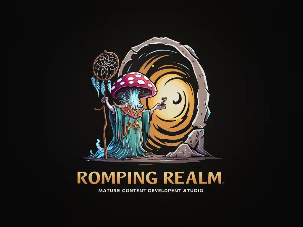 Fantasy Game Studio Logo Romping Realm Shroom Wizard with Dream Catcher Staff and Portal