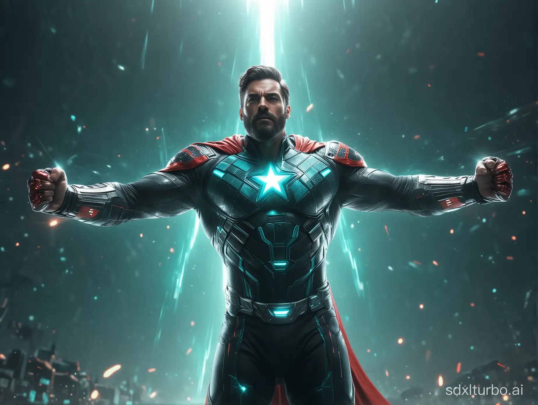 Epic movie still of a handsome muscular superhero in a futuristic hero suit with red and black checkers pattern, stubble beard, glowing star on chest, turquoise aura, the man is raising glowing fists to the side, looking into camera, turquoise cape flowing to his side, futuristic, 8k, epic, cinematic, full body visible, cinematic, photo