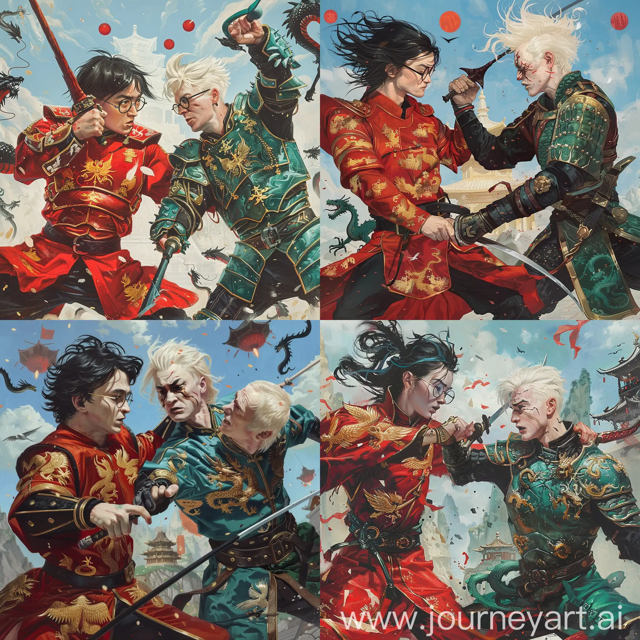 Historic painting styel:

At left, an elegant black-haired Harry Potter is in a red and color Chinese medieval armor with golden griffons emblems, Harry Potter wears round frame glasses.

At right, a white blonde haired handsome Drago Malefoy is a deep green color Chinese medieval armor with black serpent emblems.

They are both European and both hold their Chinese style swords in their hands, they are fighting against each other.

The background is taoist temple of Chinese Wudang mount, smalls dragons in blue sky, three red sun in sky.