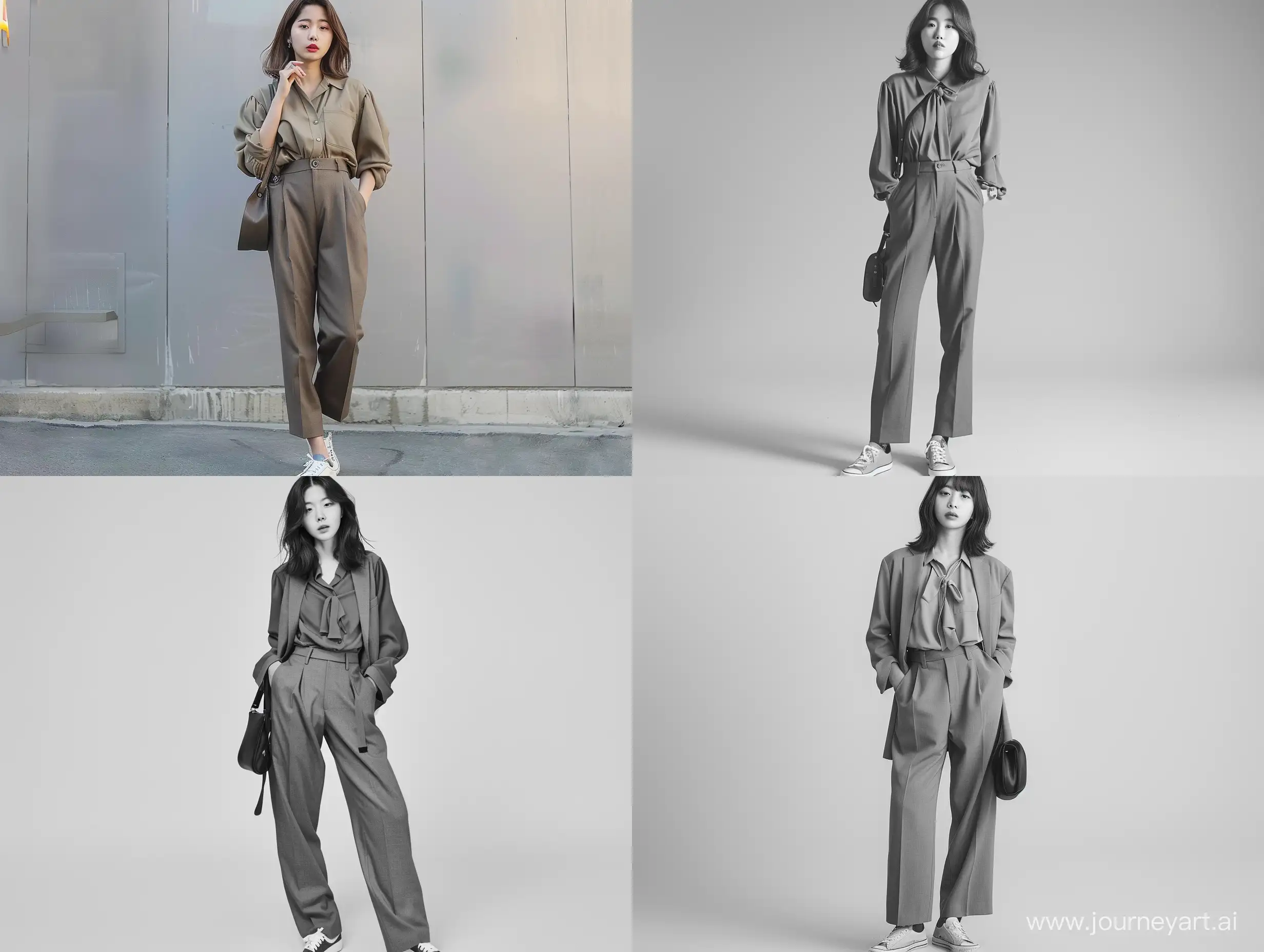 a korean woman, shoulder-length hair, wearing suit pants and simple blouse and sneakers, with shoulder bag, plain mood --v 6