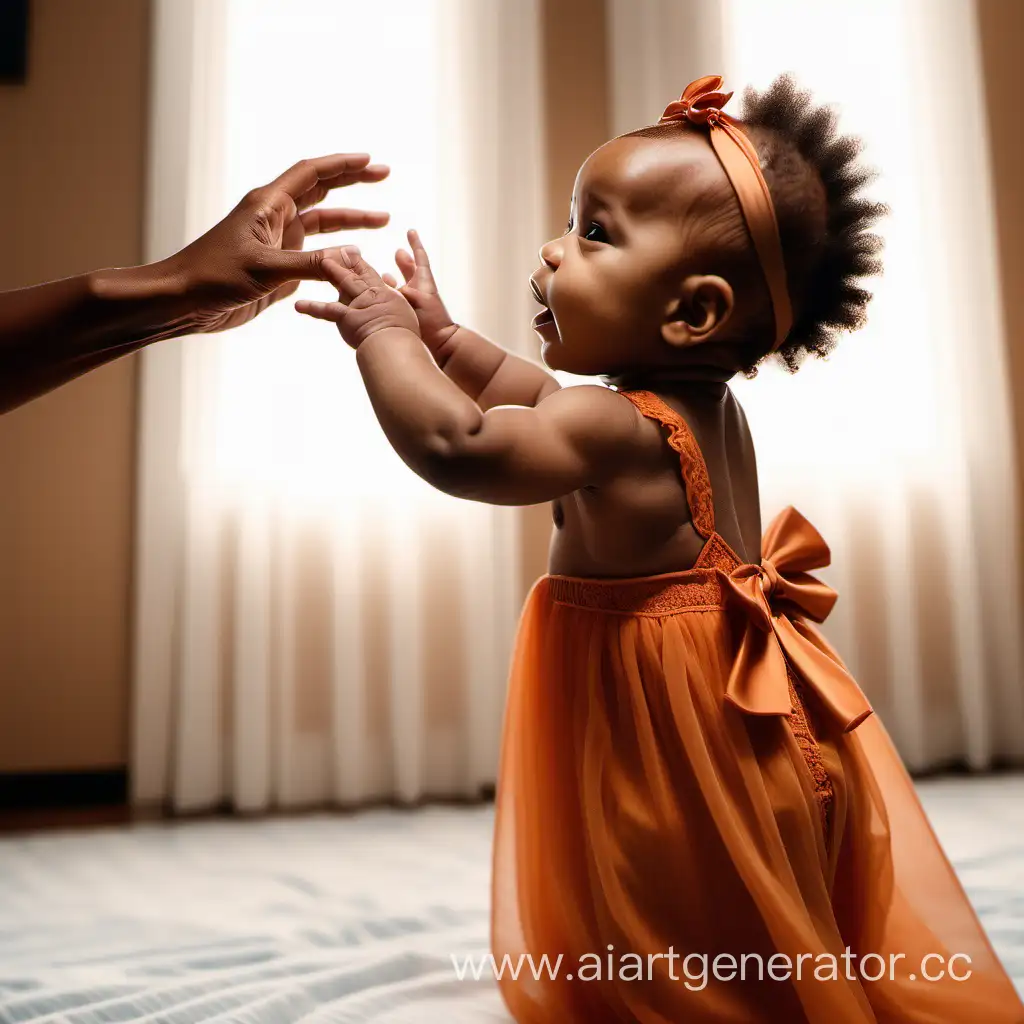 Analog style, cinematic lighting, soft light, wide shot of an African American baby girl, she's wearing an orange coloured gown, her back faces the camera, she stretches forth her right hand above her head, reaching for her mother's hands, shot with Canon EOS R6 Mark IV, photorealistic.
