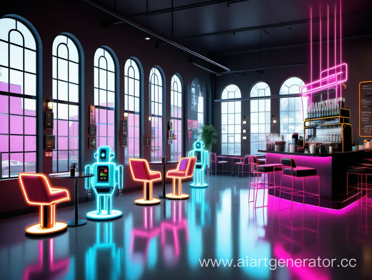 кофейня будущего, высокие потолки, большие окна, неоновый цвет, стеклянные стулья и бармен-робот