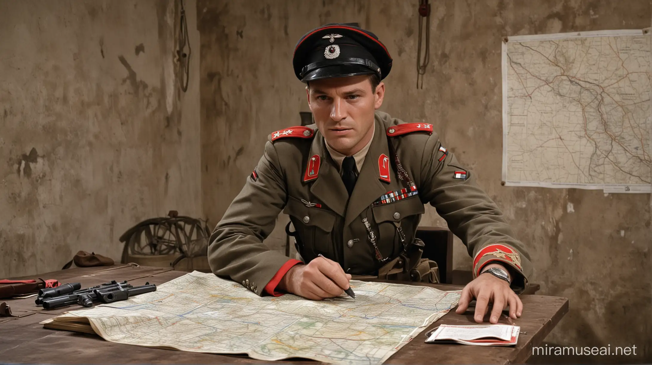 An SS man in a cap and uniform and a red armband with a sfastica on his arm stands in a bunker at a table with a map, holding a pistol in his right hand.
