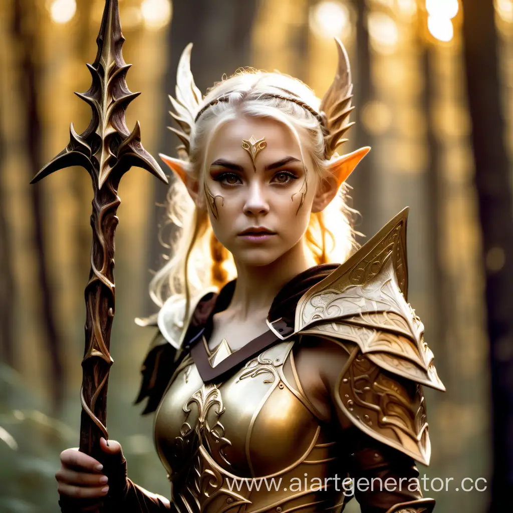 Elven-Warrior-Girl-in-Golden-Armor-Wielding-Staff-in-Forest