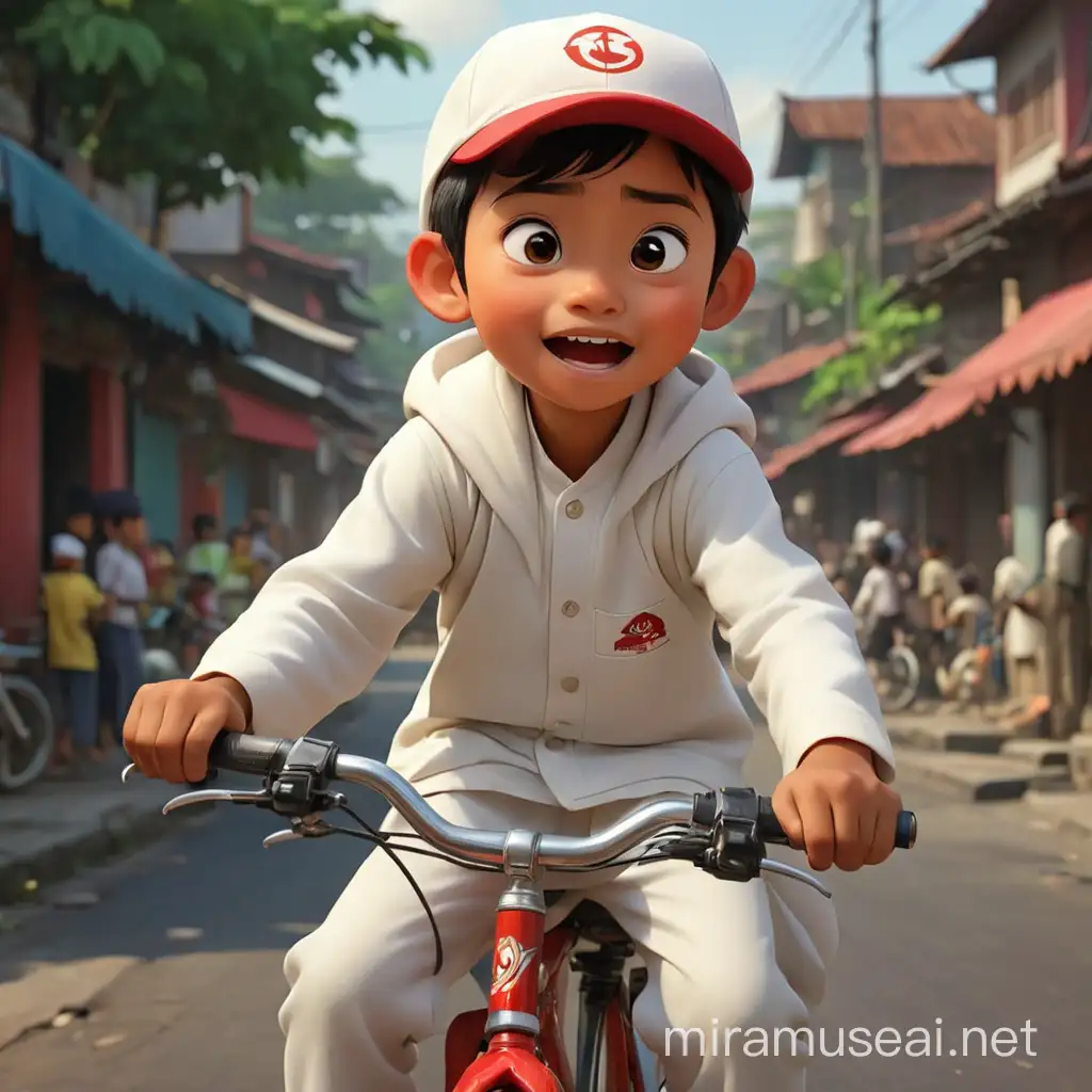 An Indonesian child, 6 years old, using cap and white Muslim clothes. Riding red by cycle. Cartoon, Pixar style
