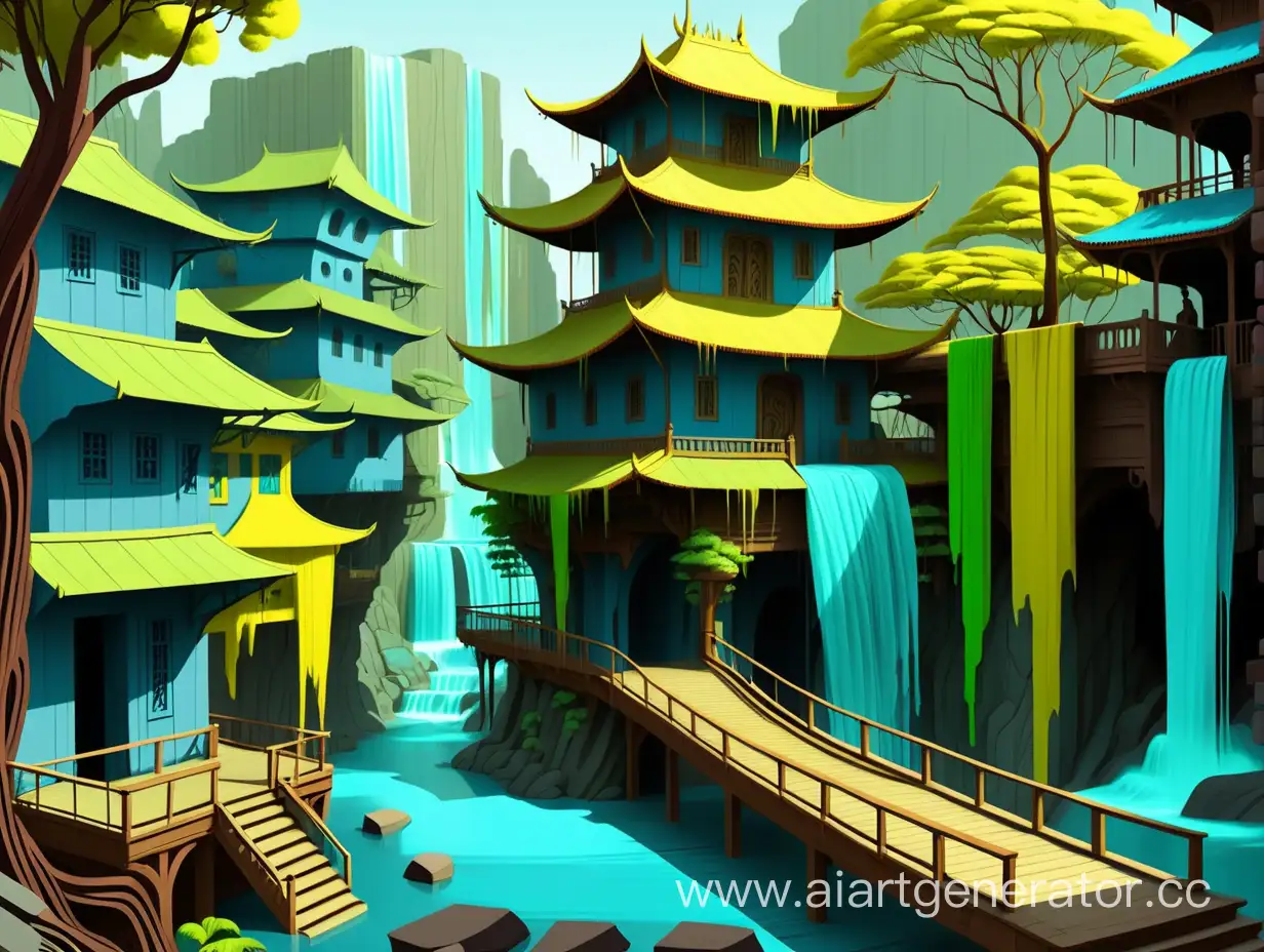 drawing in avatar style, colors blue, green, yellow, cyan. Nirvana, greenery, bright blue waterfalls, cyberpunk, landscapes, kingdoms, wooden streets, temples, shopping areas,