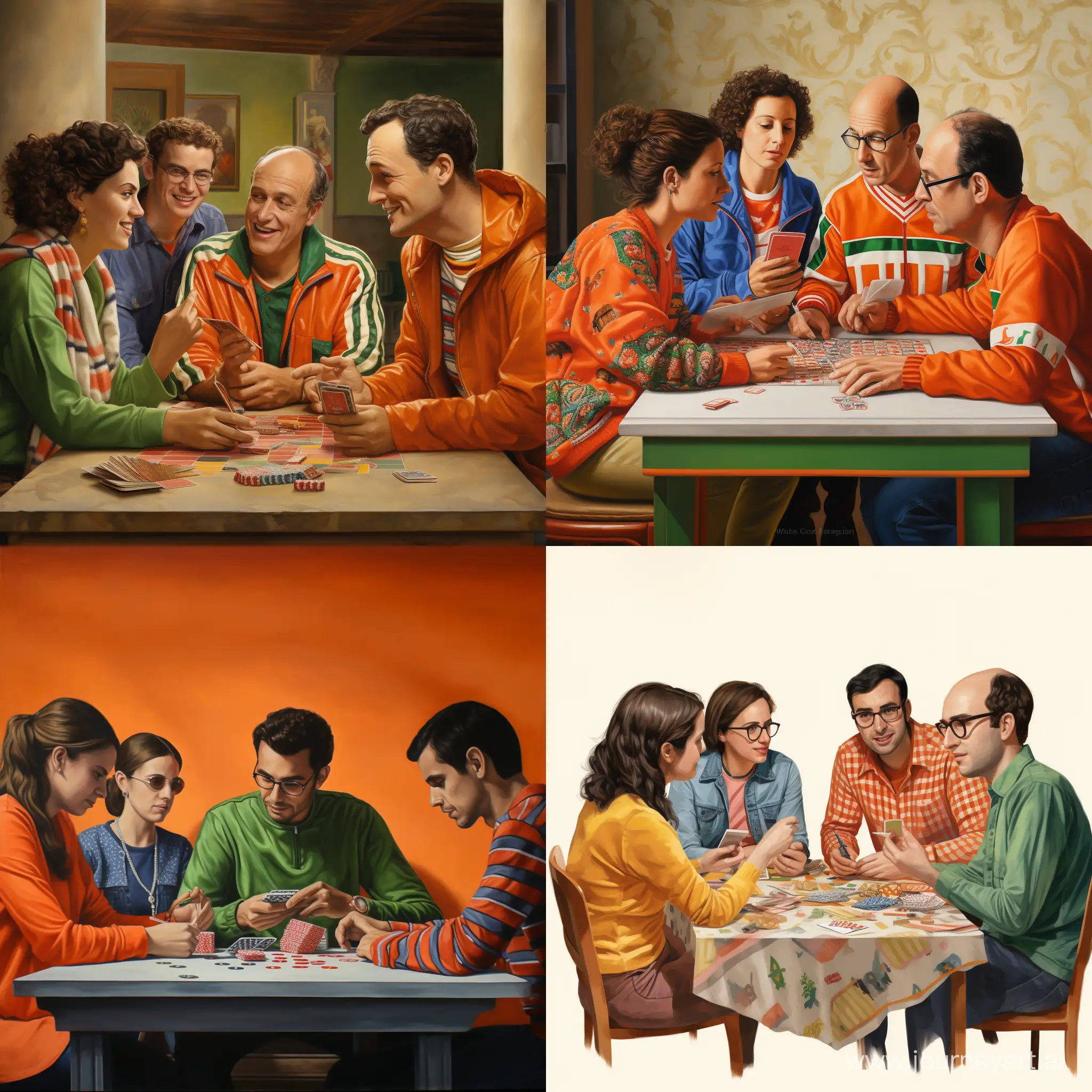 4 pressione sedute ad un tavolo, giocano a carte Scopa (gioco siciliano. Un ragazzo ha la maglia arancione, una altro il giubbotto verde, un altro una magliettina a righe, un altro ha una copertina addosso.