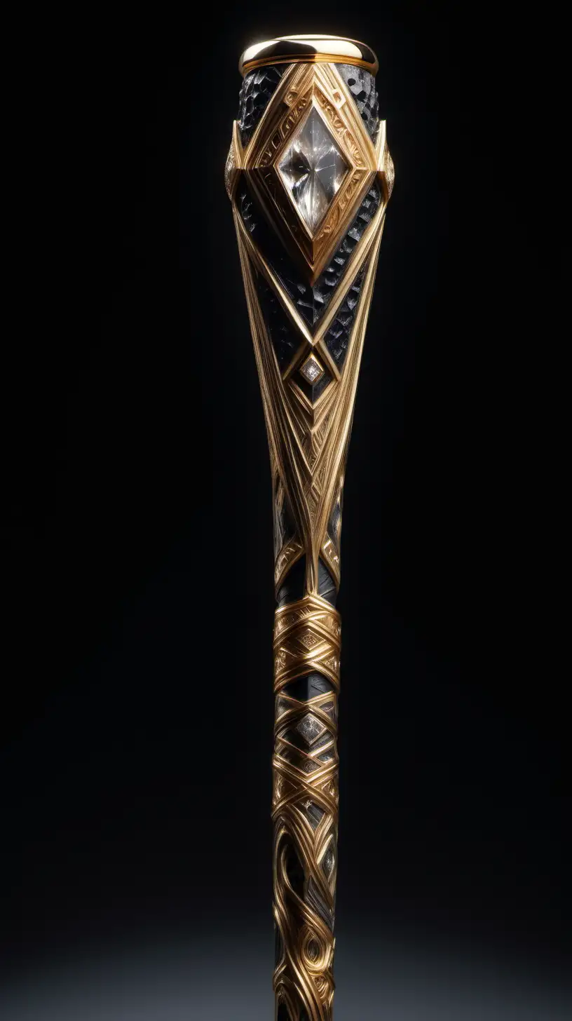 long cane. walking stick. diamond on top. gold wakandan etchings around the pole. product design. luxury. very intricately and microscopically detailed.