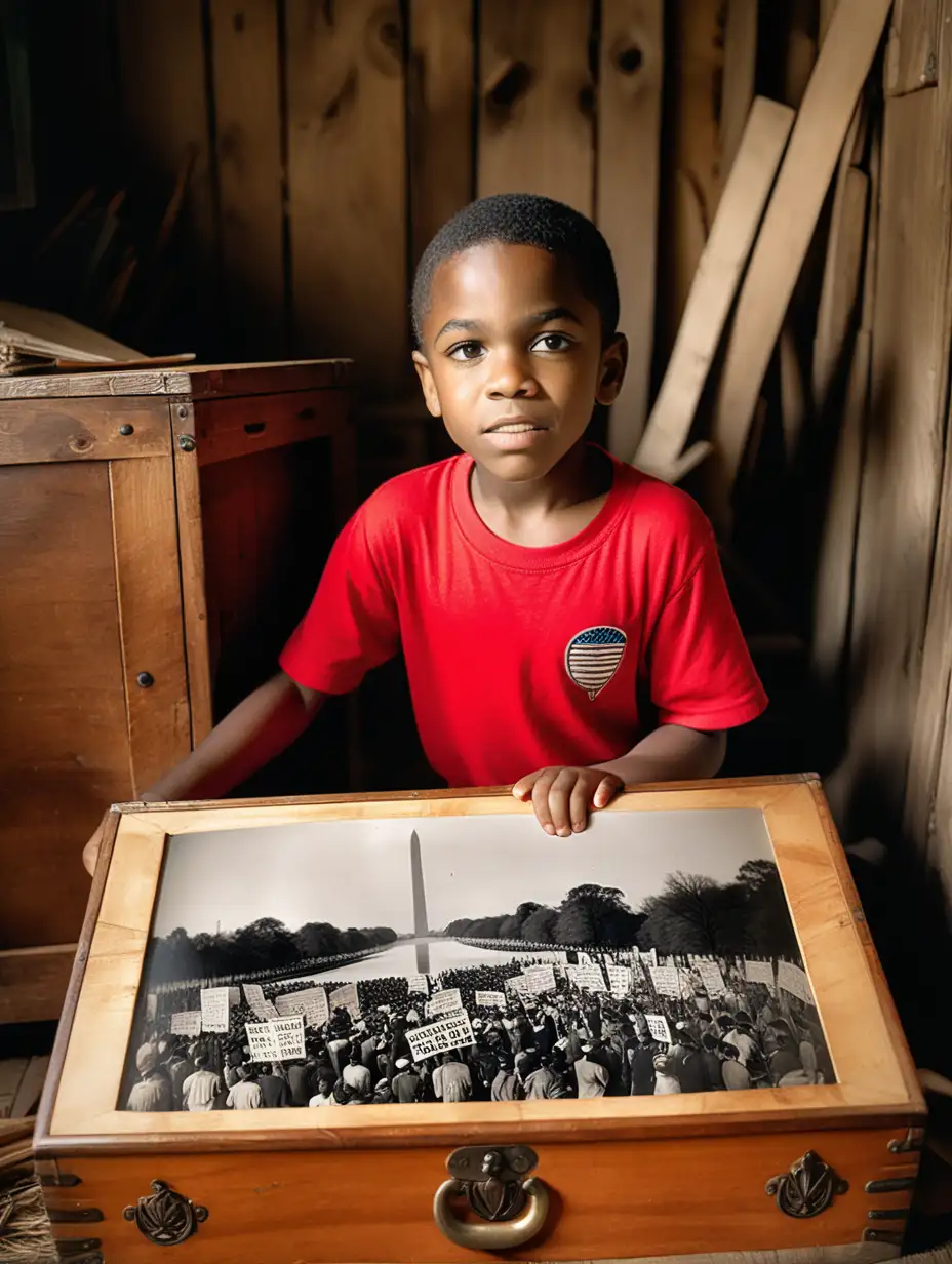 create an image of black boy 9 years old finding a big wooden chest with old photo of 1963 march on Washington in color in a old wooden shed dimly lite room with a red shirt