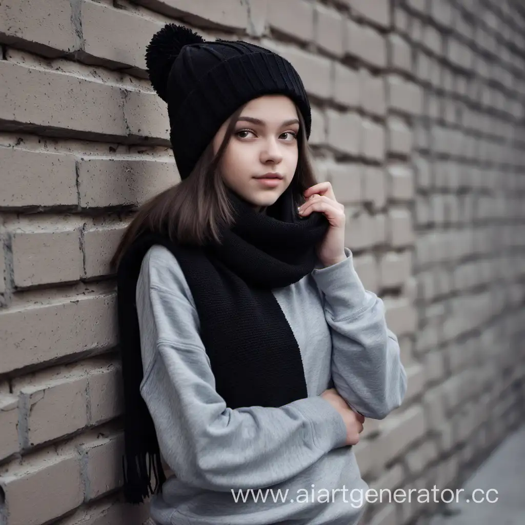 girl, 16 years old. 
Russian, brunette, in a black knitted hat, gray sweatshirt, scarf, standing, gray brick wall background, full length, city
