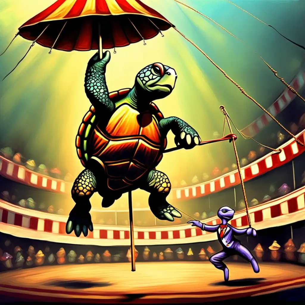 turtle dancing with an umbrella on tight rope at the circus in oil painting cartoon
