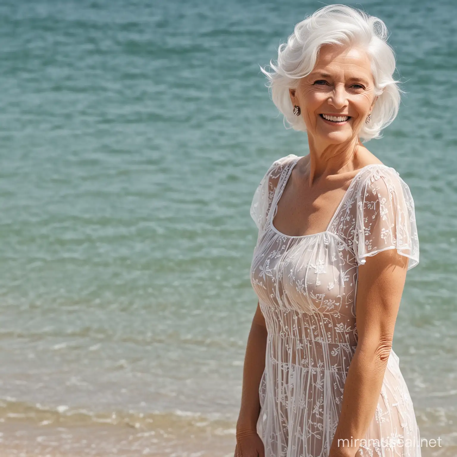 ältere dame, weisse haare, durchsichtiges sommerkleid