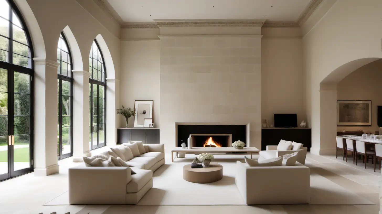 Minimalist Classical Grand lounge room with double height ceilings and feature limestone fireplace; adjoining kitchen and dining spaces; large windows; ivory rendered walls, limed oak flooring; built in oak cabinetry; 