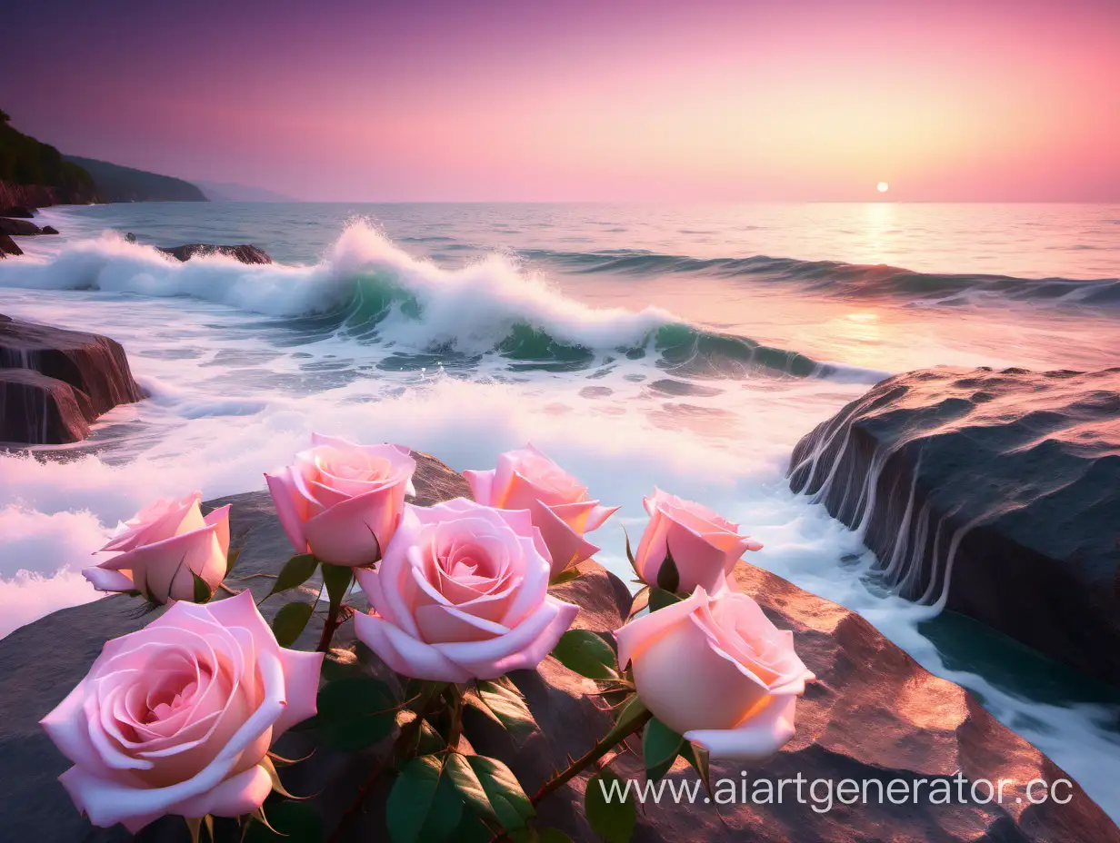 Tranquil-Pink-Sea-at-Dawn-with-Roses-on-Rocks