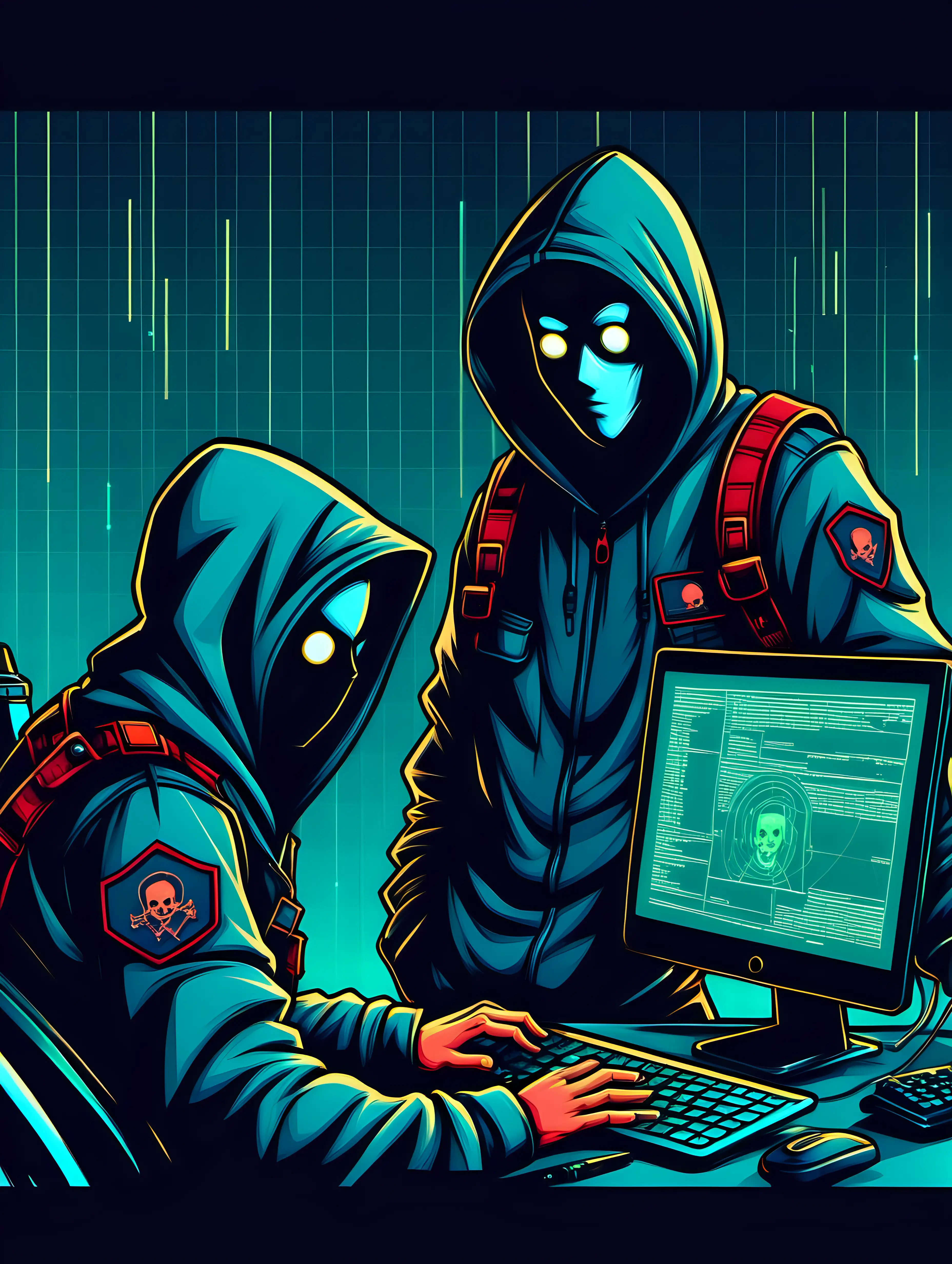 hackers in reconnaissance phase, cartoon style, tech color palette