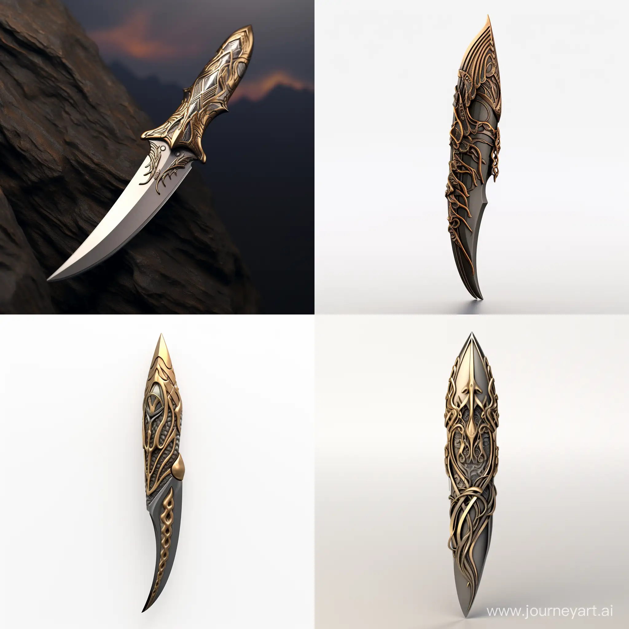 knife with bronze holder with meshy ornaments of mountains 3d printed

