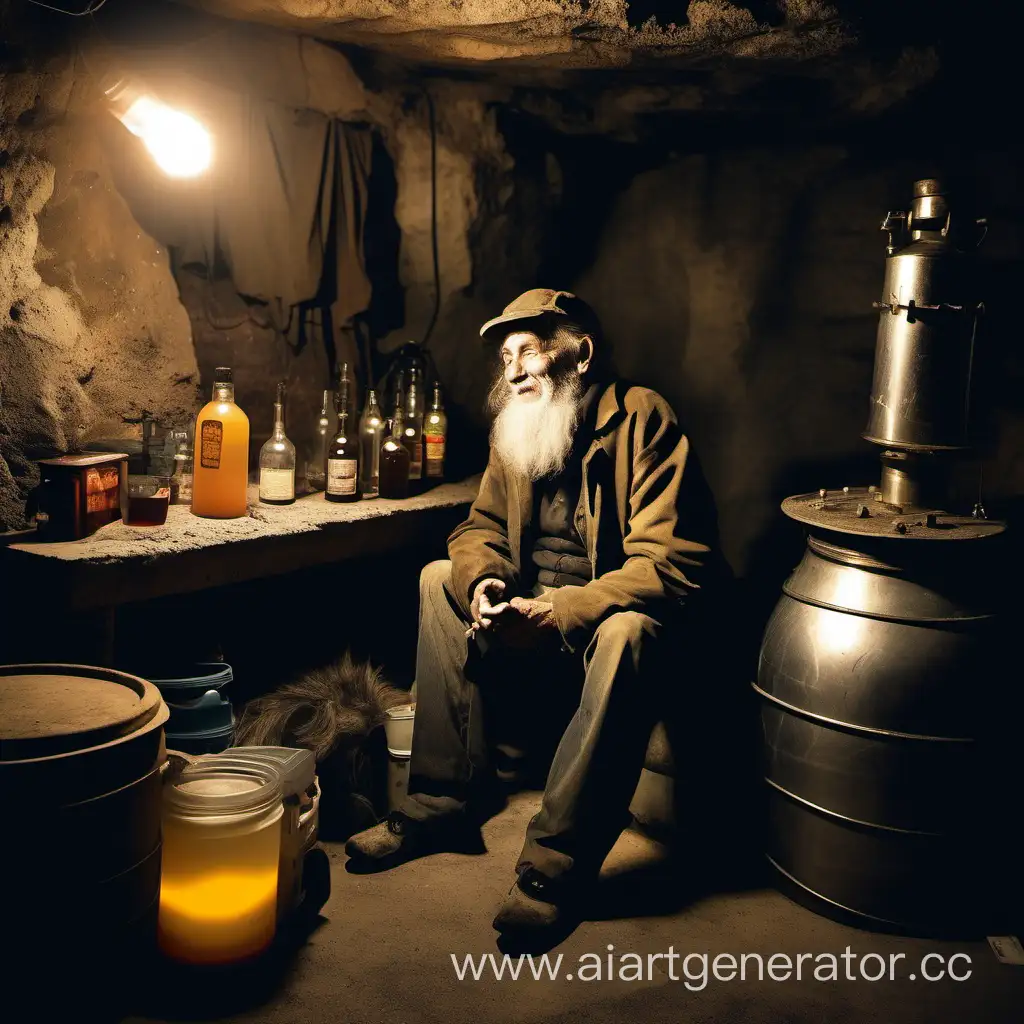 Cheerful-Homeless-Man-Brewing-Moonshine-in-Underground-Bunker