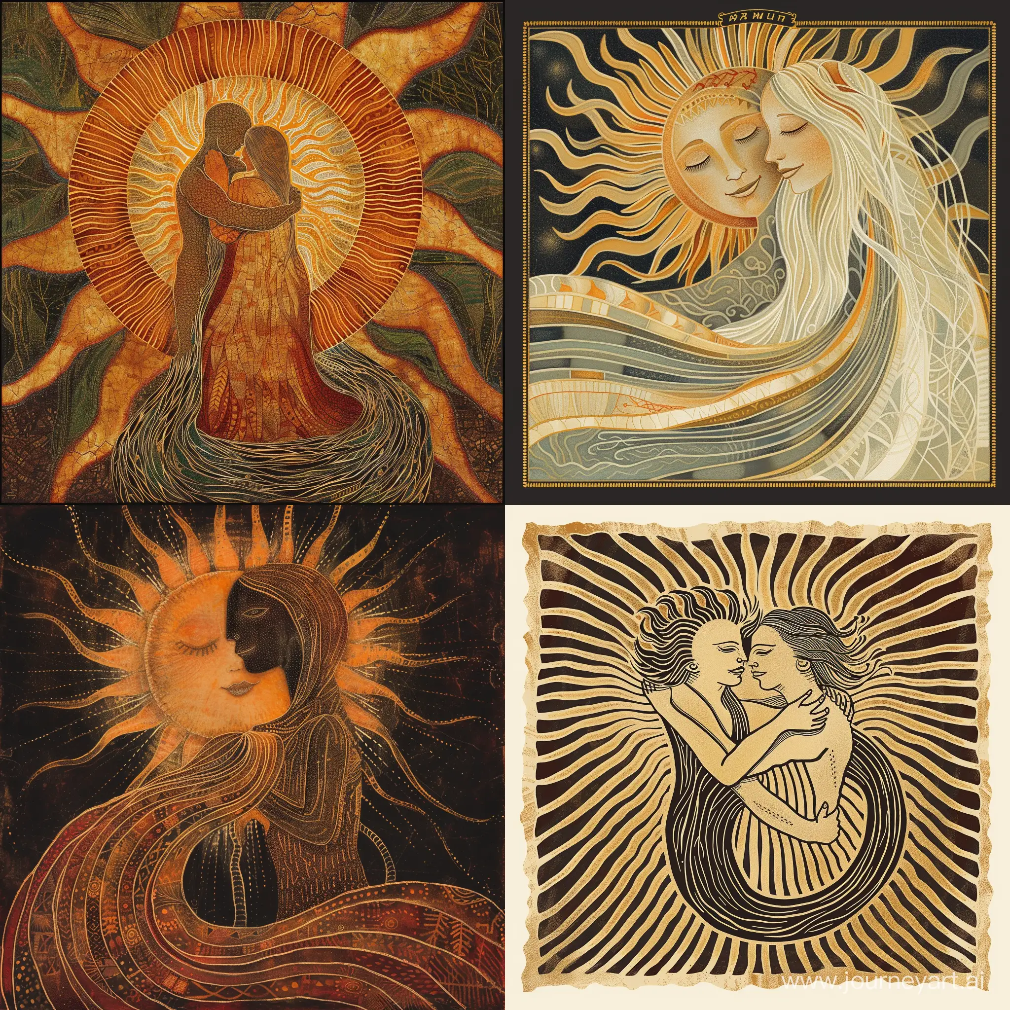 humanization of the sun in the form of a man and the river in the form of a woman, they embrace, majestic, sacred, smoothly moving, warm rays of the sun, the river flows smoothly, ethnic style, the style of Scandinavian myths