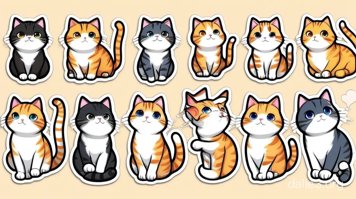 "Please generate a set of adorable cat stickers showcasing various poses and expressions, each with a playful or endearing vibe. These stickers should feature different breeds and colors of cats, ensuring diversity and appeal to a wide audience. The cats should be depicted in charming scenarios such as playing with toys, lounging contentedly, stretching lazily, peeking curiously, or expressing affection with cuddly gestures. The background for each sticker should be clean and white to allow for easy integration into various digital platforms. Overall, aim for a collection that evokes warmth, joy, and cuteness, suitable for use in messaging apps, social media, and digital communication platforms."