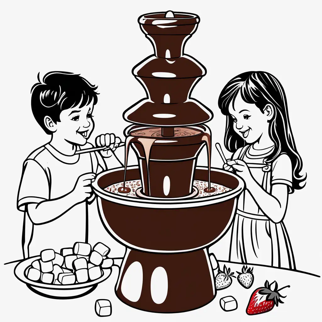 Chocolate Fountain: Kids dipping strawberries and marshmallows into a chocolate fondue fountain. Include children from diverse ethnic backgrounds. for a coloring book with crisp lines and white background. . Make it an easy-to-color design for children. --ar 17:22