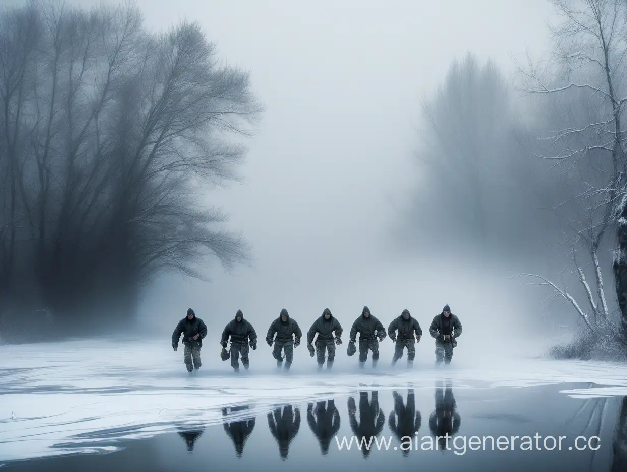 Раннее зимнее утро, туман, легкий снежок. Шестеро бойцов форсируют реку, передвигаются цепями с чувством опасности и страха.