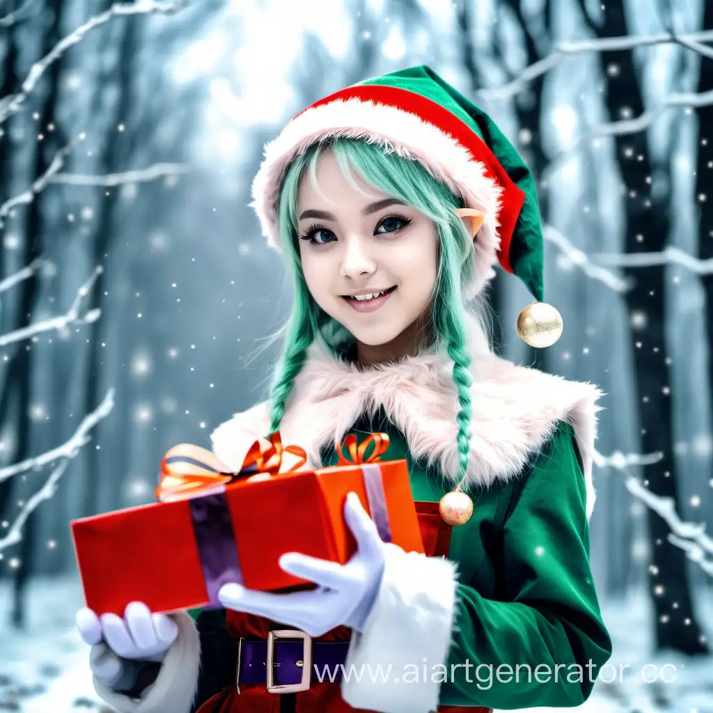 девушка новогодний эльф в стиле аниме с подарками в руках на фоне зимнего леса