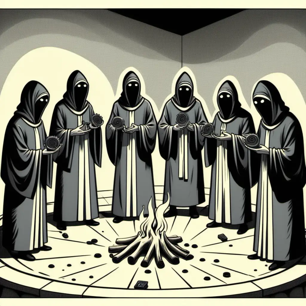 cultists performing a ritual, cartoon