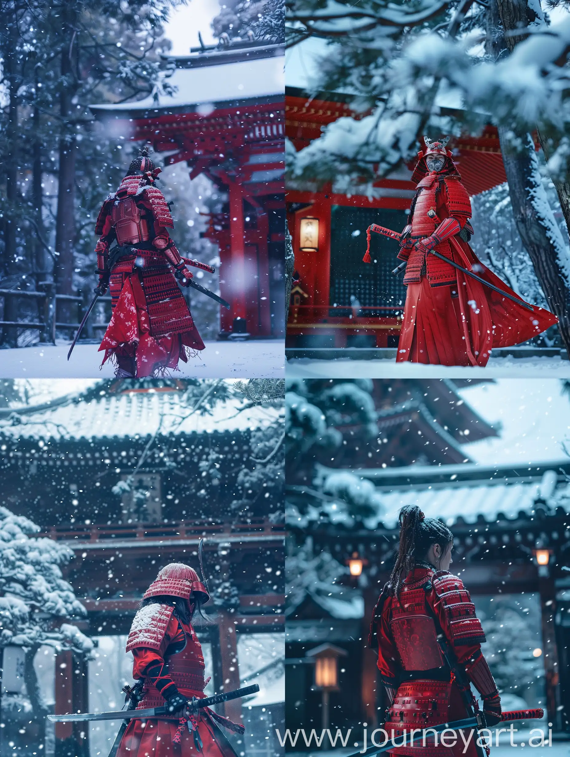 Location: Outside a Japanese temple
Background: Temple, trees, snow
Style: High-fashion editorial
What to photograph: Samurai in red armor with a sword
Theme: High-fashion samurai warrior
Visual effects: Fashion film look
Camera effects: Blur and haze
Time: Snowy evening
Quality: High resolution
Shape: Vertical (4:5 aspect ratio)
Main feature: Red technical fabric
Details: Show detailed views of the fabric