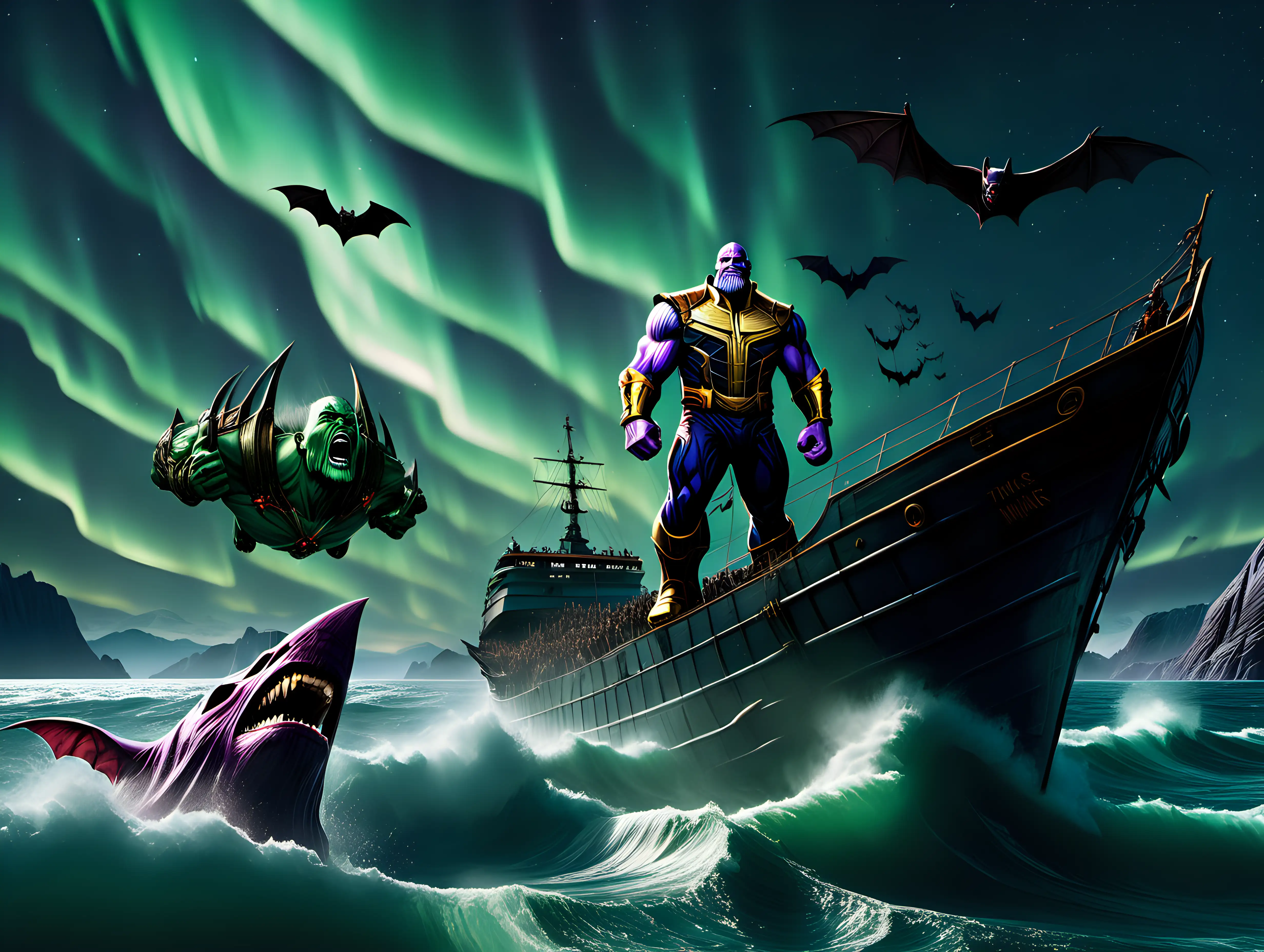  Thanos raising out of the sea and vampire bats hovering over ships sailing near the aurora borealis photorealistic