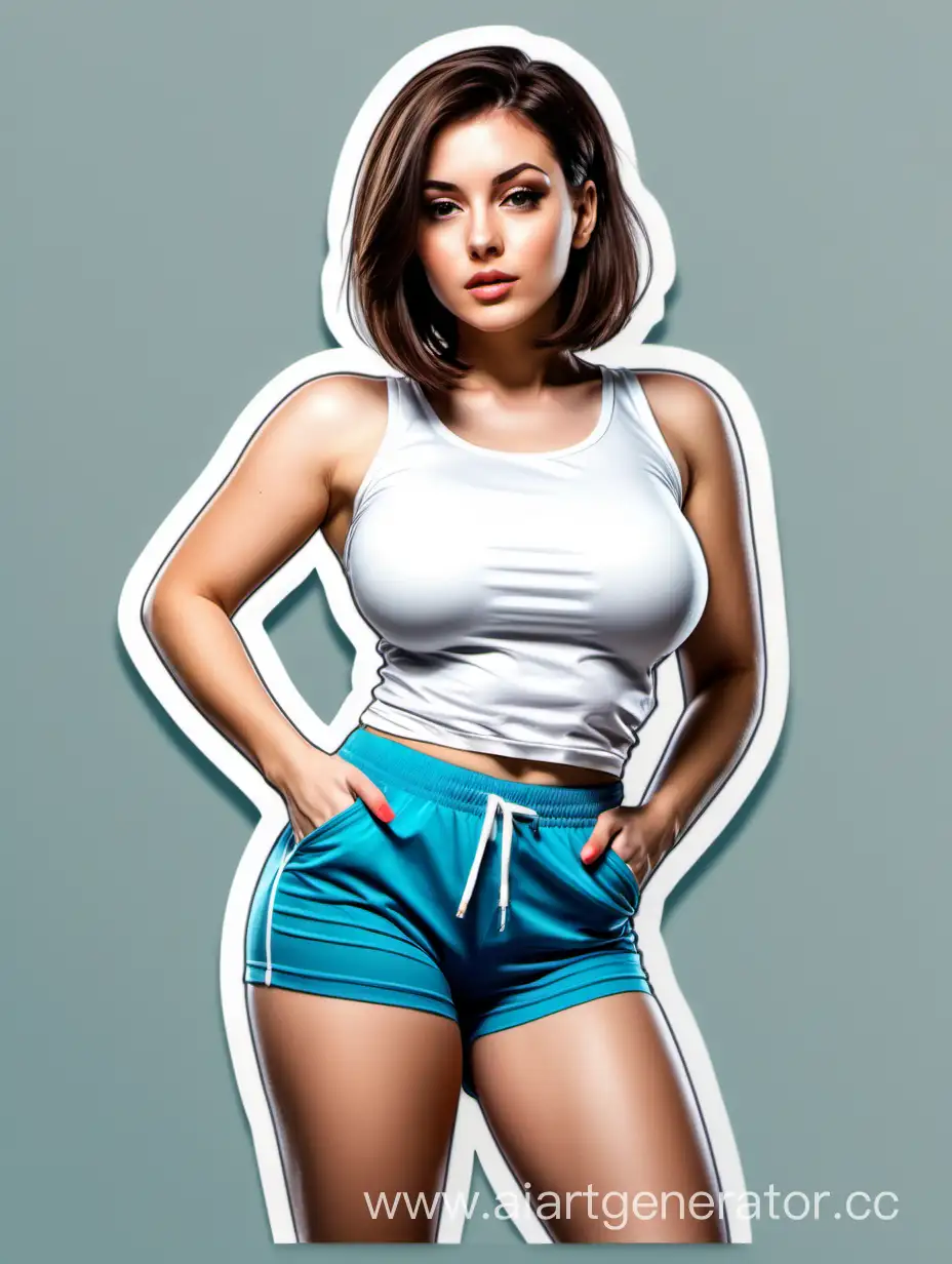Stylish-Busty-Brunette-Drawing-Sticker-in-White-Top-and-Sports-Shorts
