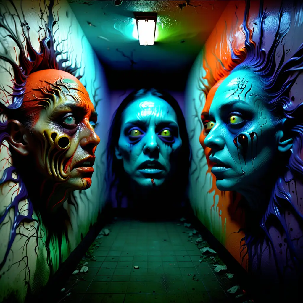 Hallucinogen, amazing colors, incredible detailed, highly detailed, stunning visuals, ultra realistic, life like, horror, haunting faces merged into the walls 