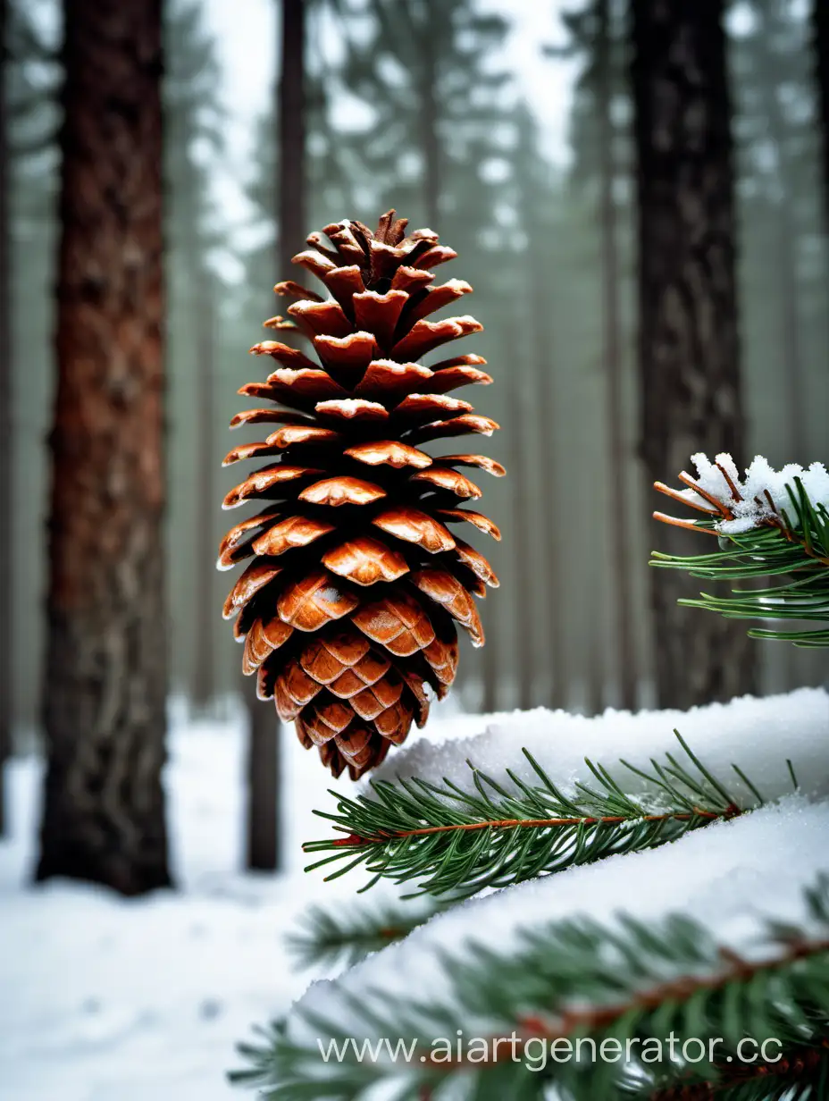 Winter-Coniferous-Forest-Scene-Fir-Cone-in-Snow