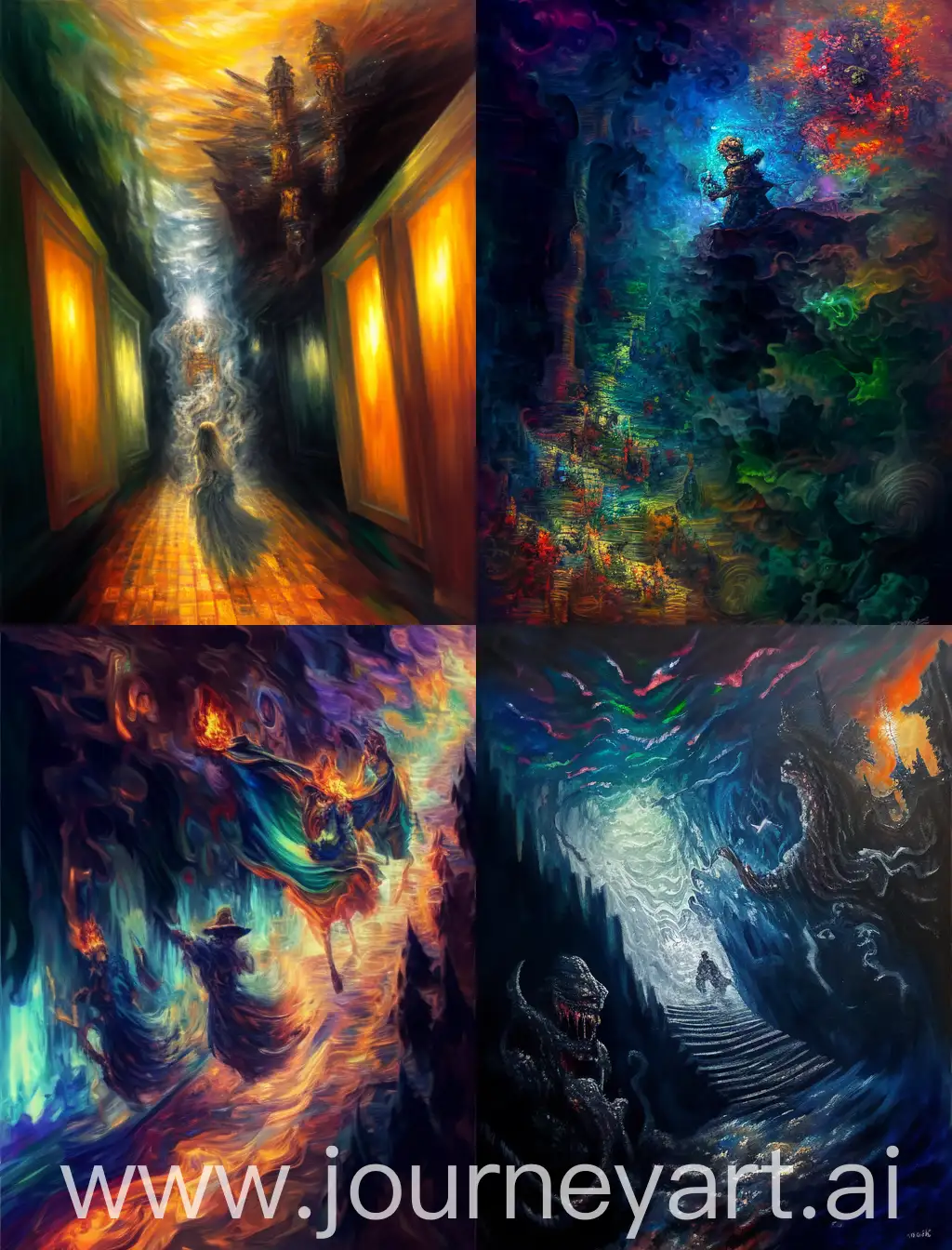 Painting of the haunting of the supernatural dark, art in the style of Theo Prims, Gustave Dore, and Leonid Afremov, American impressionism, wide distorted angle, contrasting edges