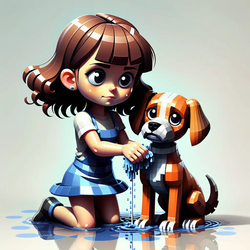 Pixel Girl Washing Pixel Dog Adorable Digital Scene