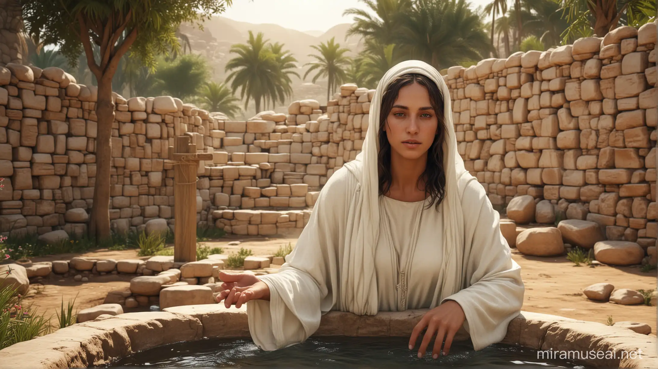 samaritan woman, head covered, off white sim·lah, starting at Jesus at a biblical well, tan skin, Ultra High Quality, Ultra HD, 8K, Vivid
