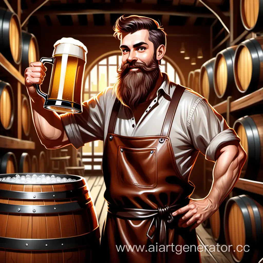 добрый пивовар с бородой, в кожаном фартуке, поднимает в руке большую  кружку пива на фоне бочек с пивом, штриховая иллюстрация